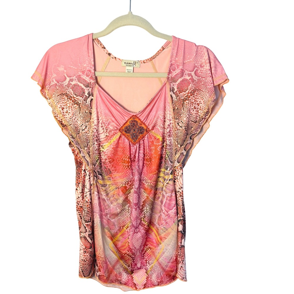 Women's VTG One World Boho Top Flowy Beaded Orange Pink y2K Short Sleeve SZ S